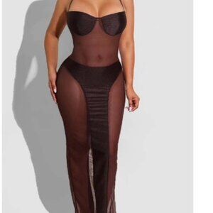 Chocolate Rose Sheer Maxi Dress with Slit